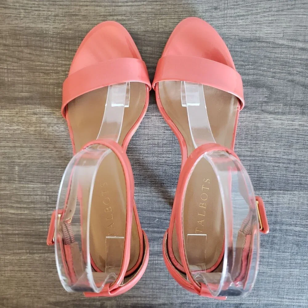 Talbots Lakia Patent Leather Ankle Strap Heels Sandal Open Toe Coral Sz Womens 7